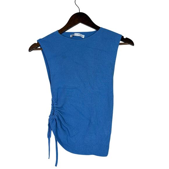 Zara Sleeveless Side Key Hole Tie Ruched Ribbed Tank Top Crop Tank Top S Blue - Picture 13 of 15